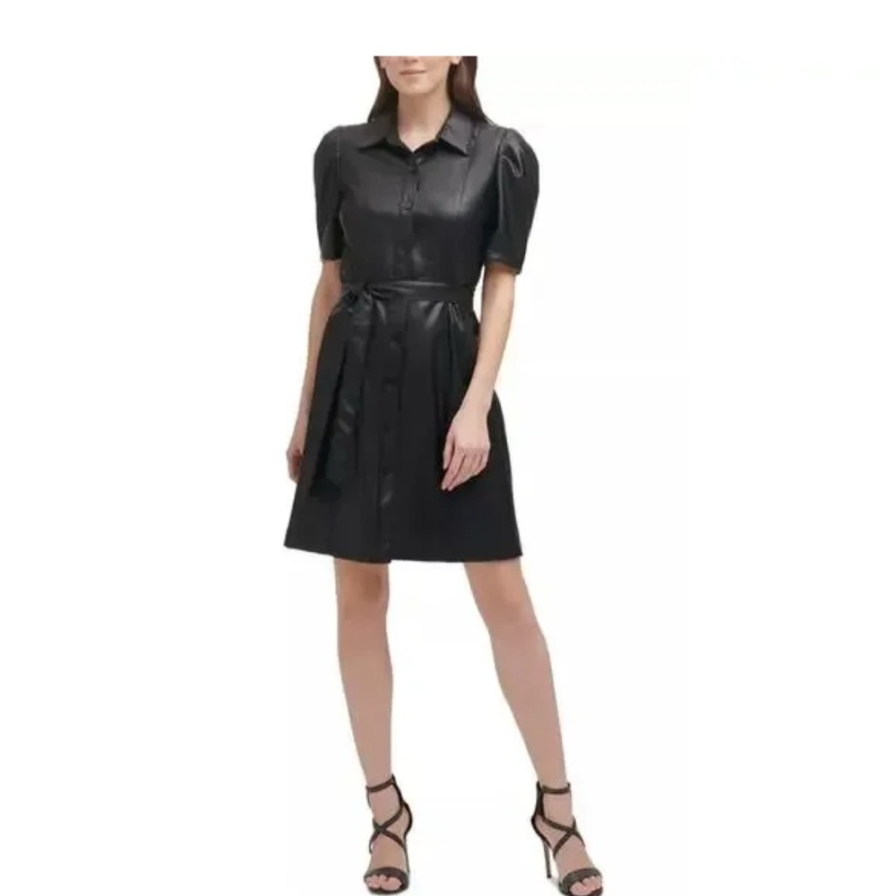 Faux leather, fully lined black dress